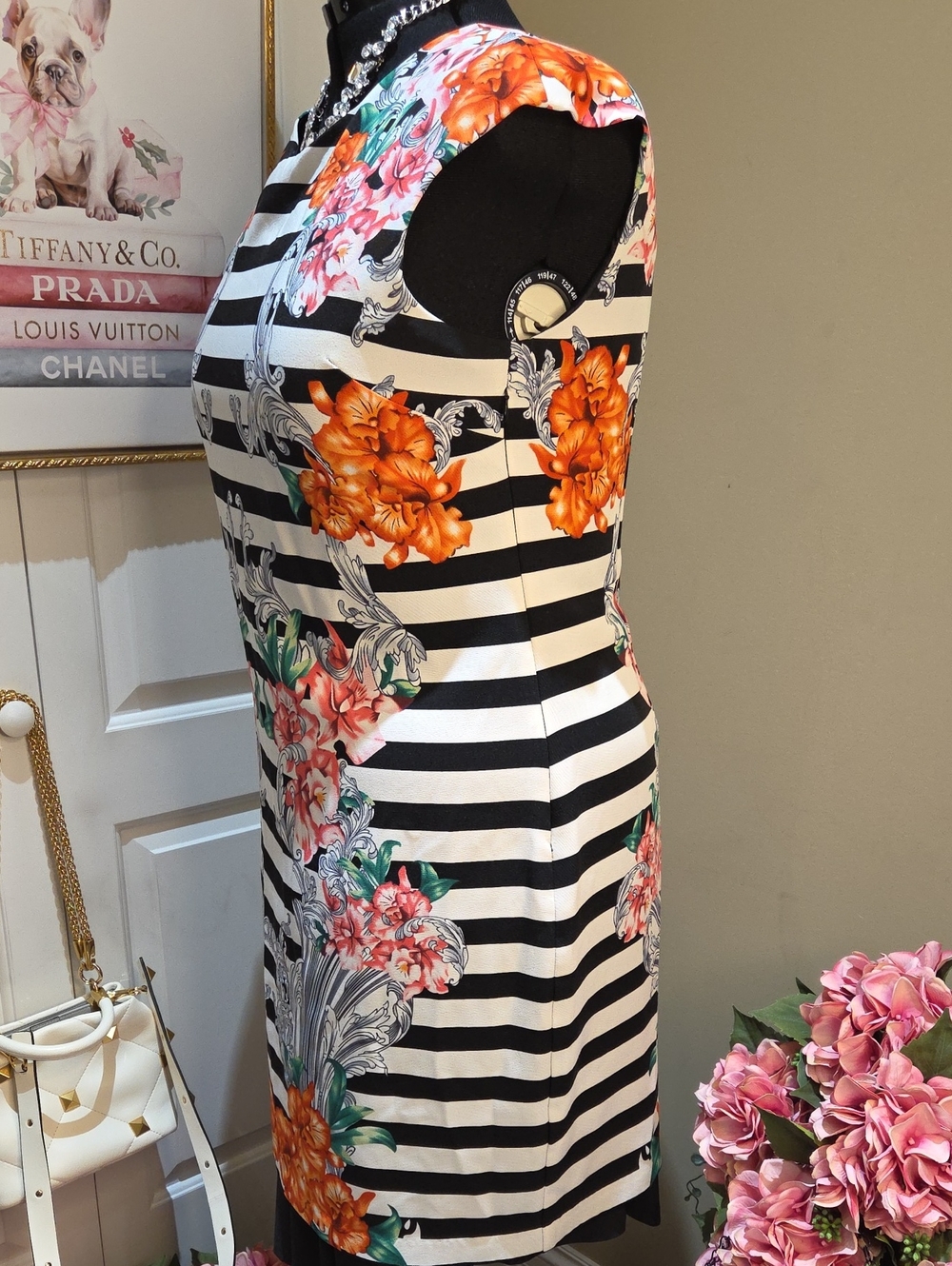 Nwot 16 Voir Voir Black & White Striped Midi Dress with Orange and Pink Floral - Picture 7 of 17